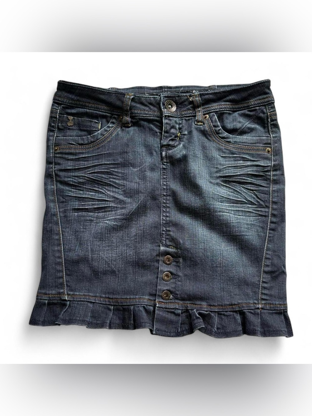 Dark Wash Denim Mini Skirt with Ruffle Hem